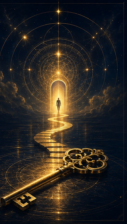 A golden key and illuminated pathway leading toward a doorway, representing guided consciousness navigation